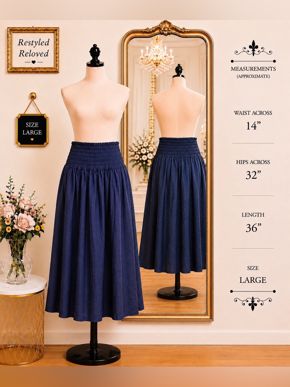 Boho Smocked Maxi Skirt | Navy Blue | Size Large NWOT